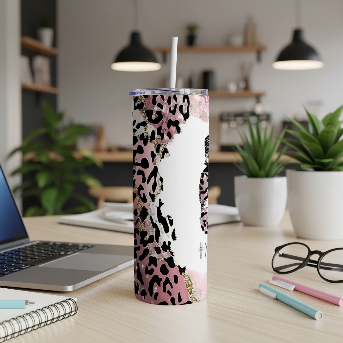 Pink leopard print tumbler with gold glitter and "Mom Life" text.
