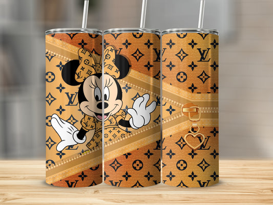 Minnie Mouse with Louis Vuitton pattern and gold zipper on a tumbler.