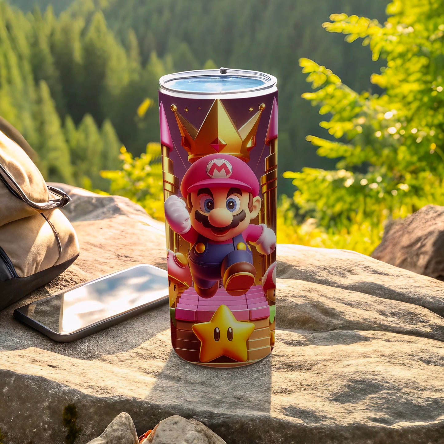 Colorful Mario Tumbler with Star and Crown Imagery