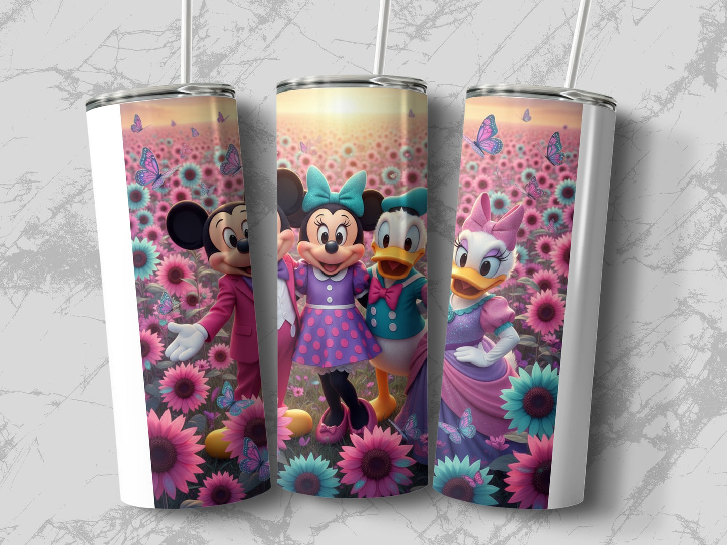 Colorful Disney Characters in Flower Field Tumbler