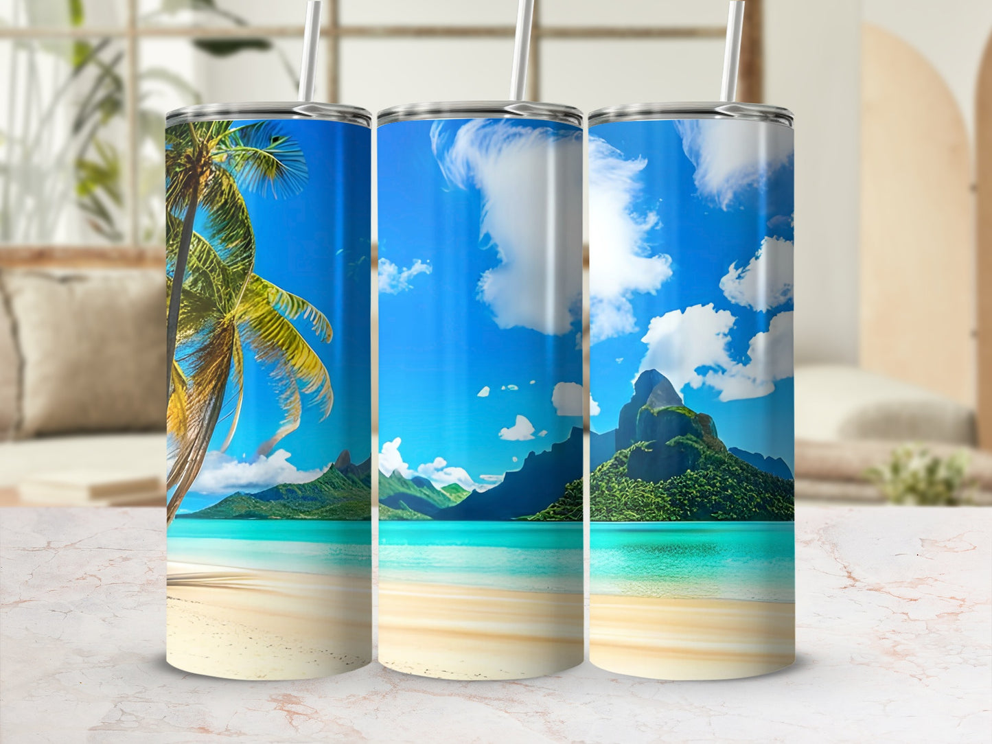 Scenic Tropical Beach and Mountain View Tumbler Product