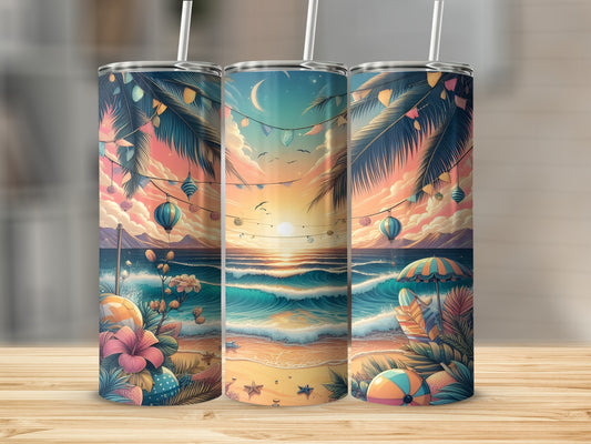 Beach sunset scene with palm trees and colorful beach balls on a tumbler.