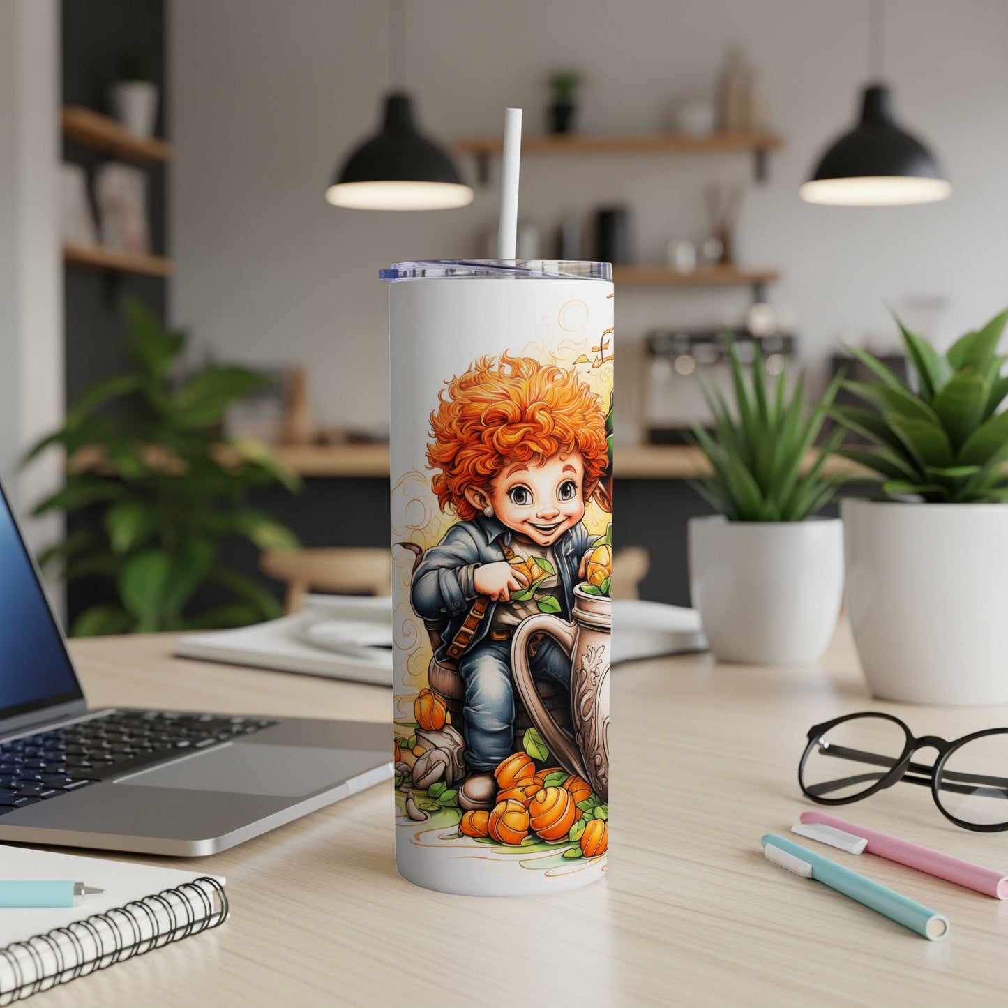 Animated character with red hair holding pumpkins next to a silver mug.