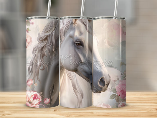 White horse with pink roses on a tumbler.