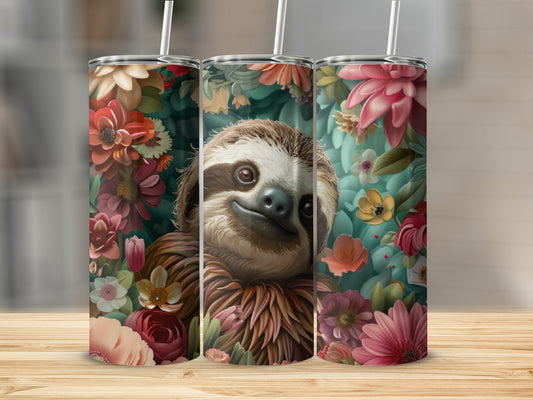 Sloth peeking through vibrant floral arrangement on three tumblers.