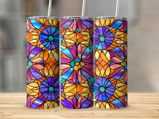 Three tumblers with colorful stained glass floral pattern.