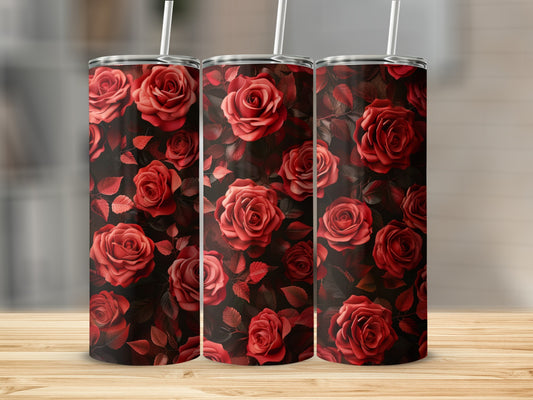 Three tall tumblers adorned with a dark red rose pattern.