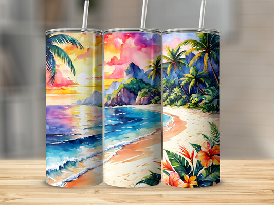 Three tumblers featuring tropical beach scenes with palm trees and colorful sunsets.