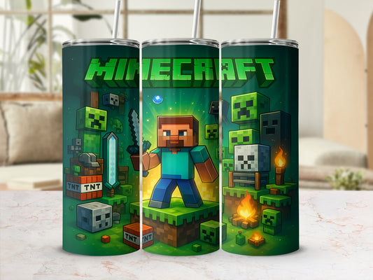 Minecraft themed tumbler featuring pixel art design
