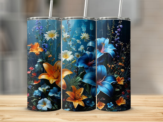 Three tumblers with floral designs featuring lilies and daisies.