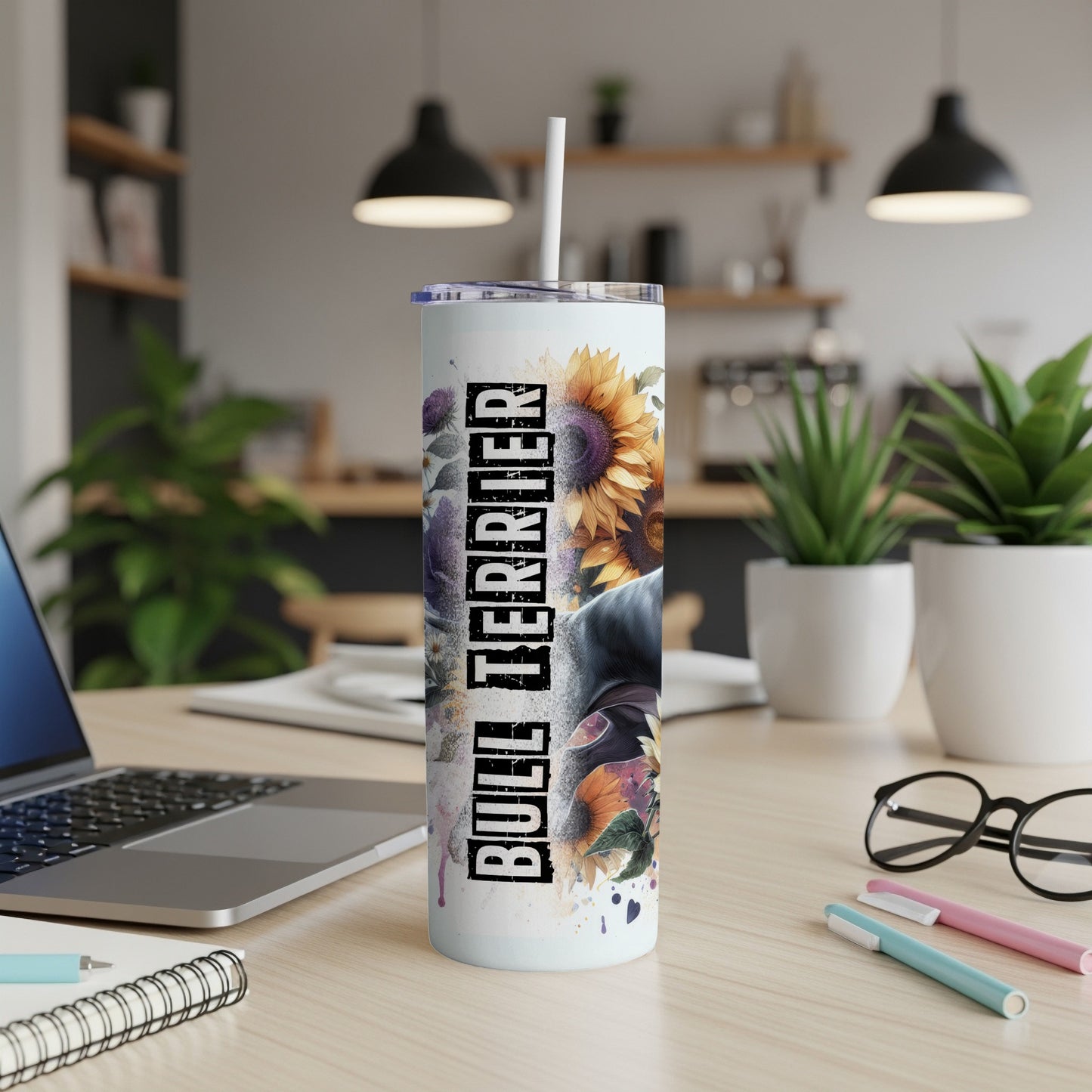 Bull Terrier tumbler with sunflowers and floral accents.