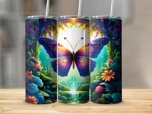 Three tumblers with a vibrant butterfly and magical forest scene.