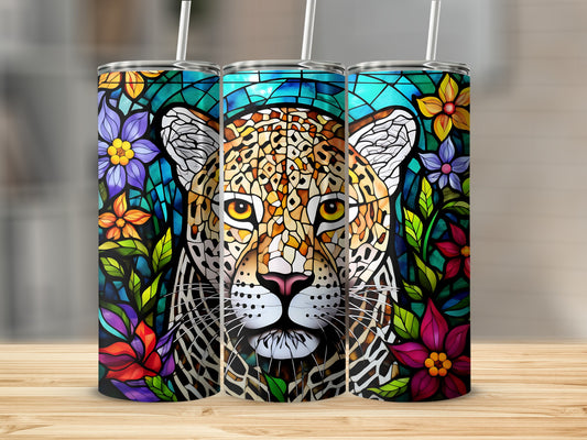 Three tumblers featuring a stained-glass leopard surrounded by colorful flowers.