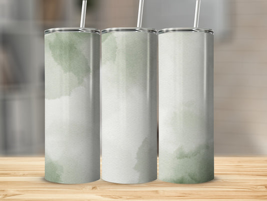 Three tall tumblers with a watercolor green and white abstract design.