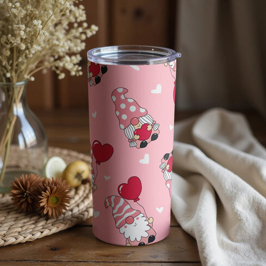 Pink Tumbler with Cute Gnome and Heart Design