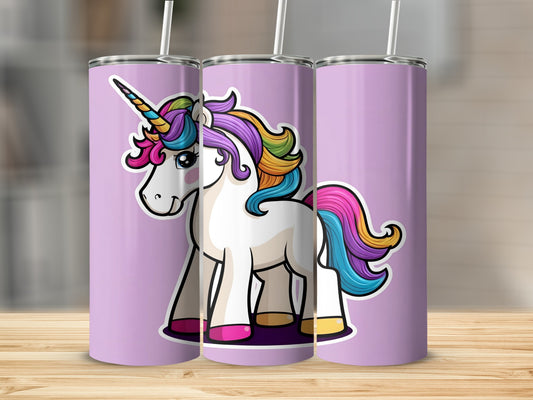 White unicorn with rainbow mane on a purple background.