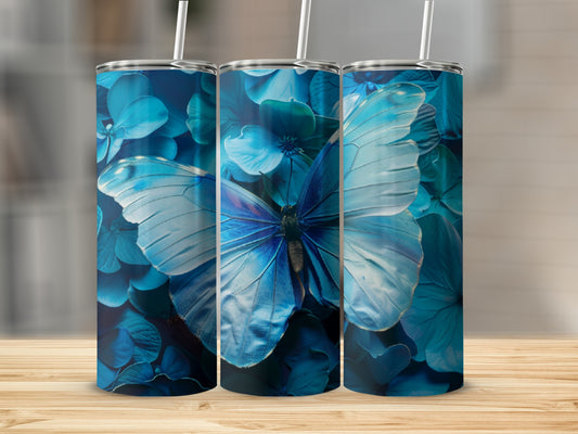 Blue butterfly with floral background on three tumblers.