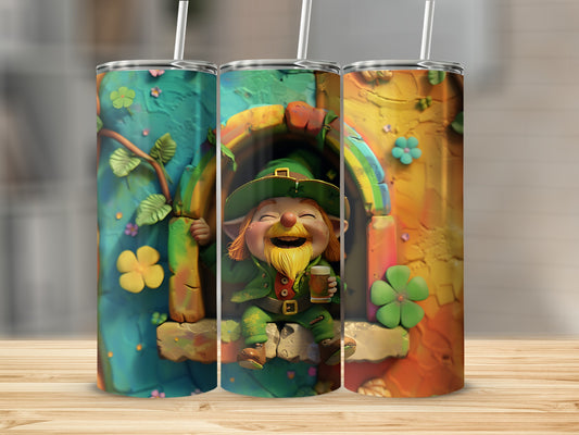 Leprechaun holding a drink in a colorful, festive scene.