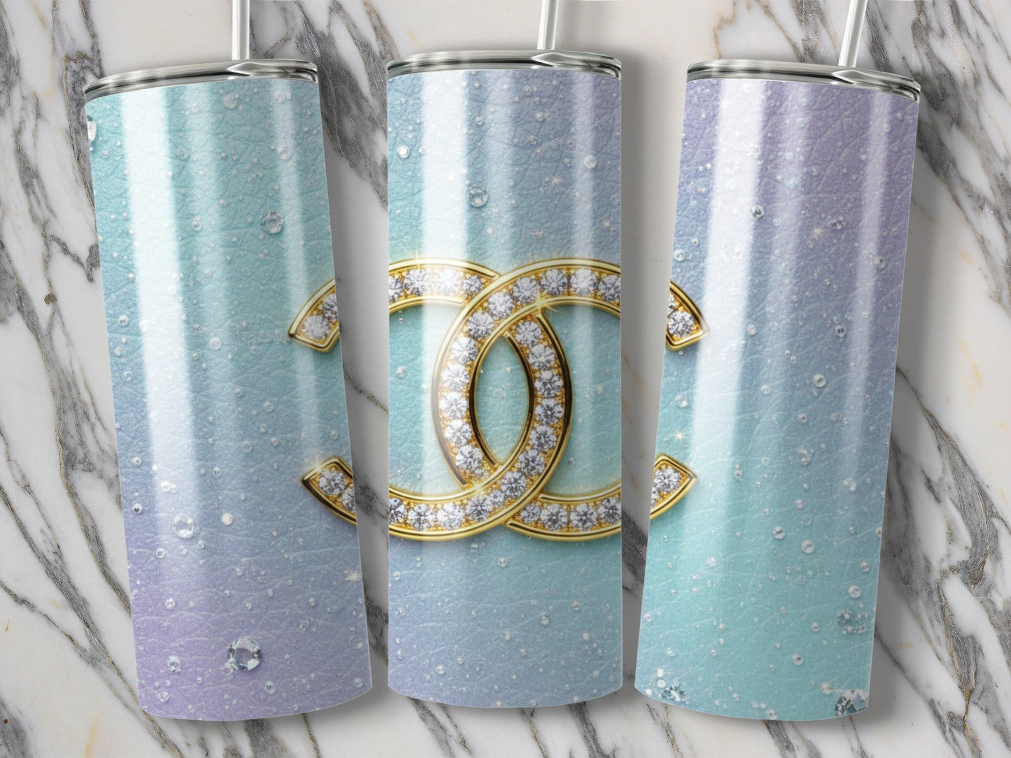 Chanel Inspired Sparkling Golden Diamond Interlock Design Print Tumbler