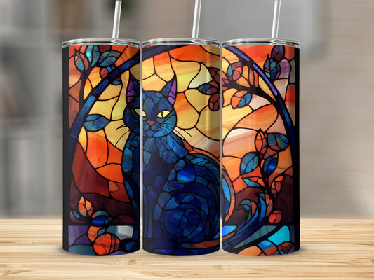 Three tumblers with a stained glass black cat and autumn leaves design.