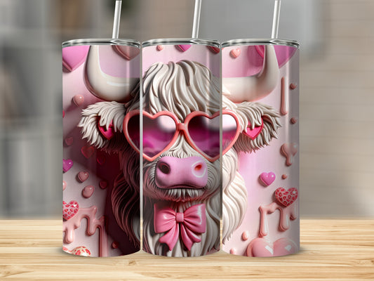Pink cow with heart sunglasses and bow, surrounded by hearts.