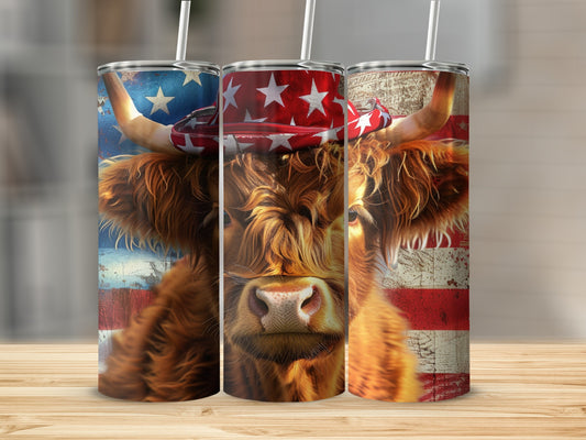 Highland cow wearing American flag bandana and cowboy hat.