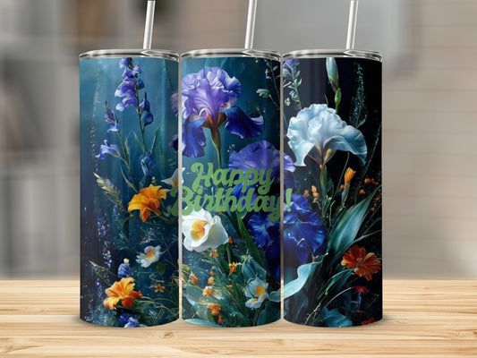 Tumbler with irises and text "Happy Birthday!".