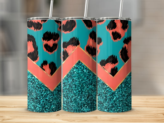 Turquoise tumbler with coral zigzag and black leopard print.