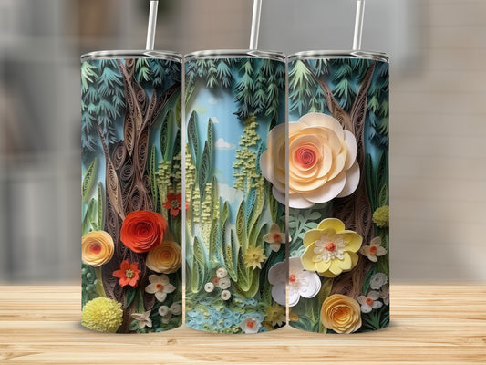 Three tumblers with a floral and forest papercraft design.