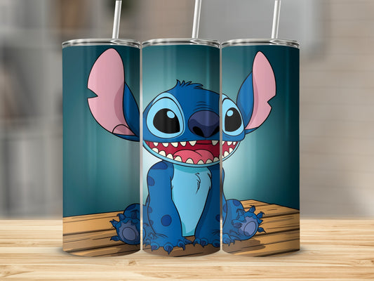 Stitch from Lilo & Stitch grinning on a wooden surface.