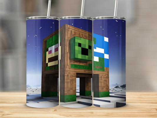 Minecraft-themed tumbler with a Creeper and landscape.