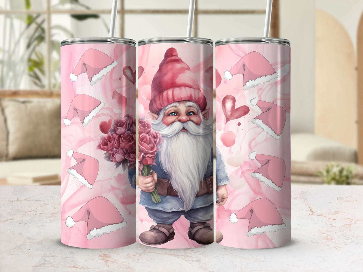 Cute Gnome with Santa Hat Pink Tumbler Cup