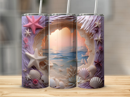 Three purple tumblers with a beach scene and seashells.