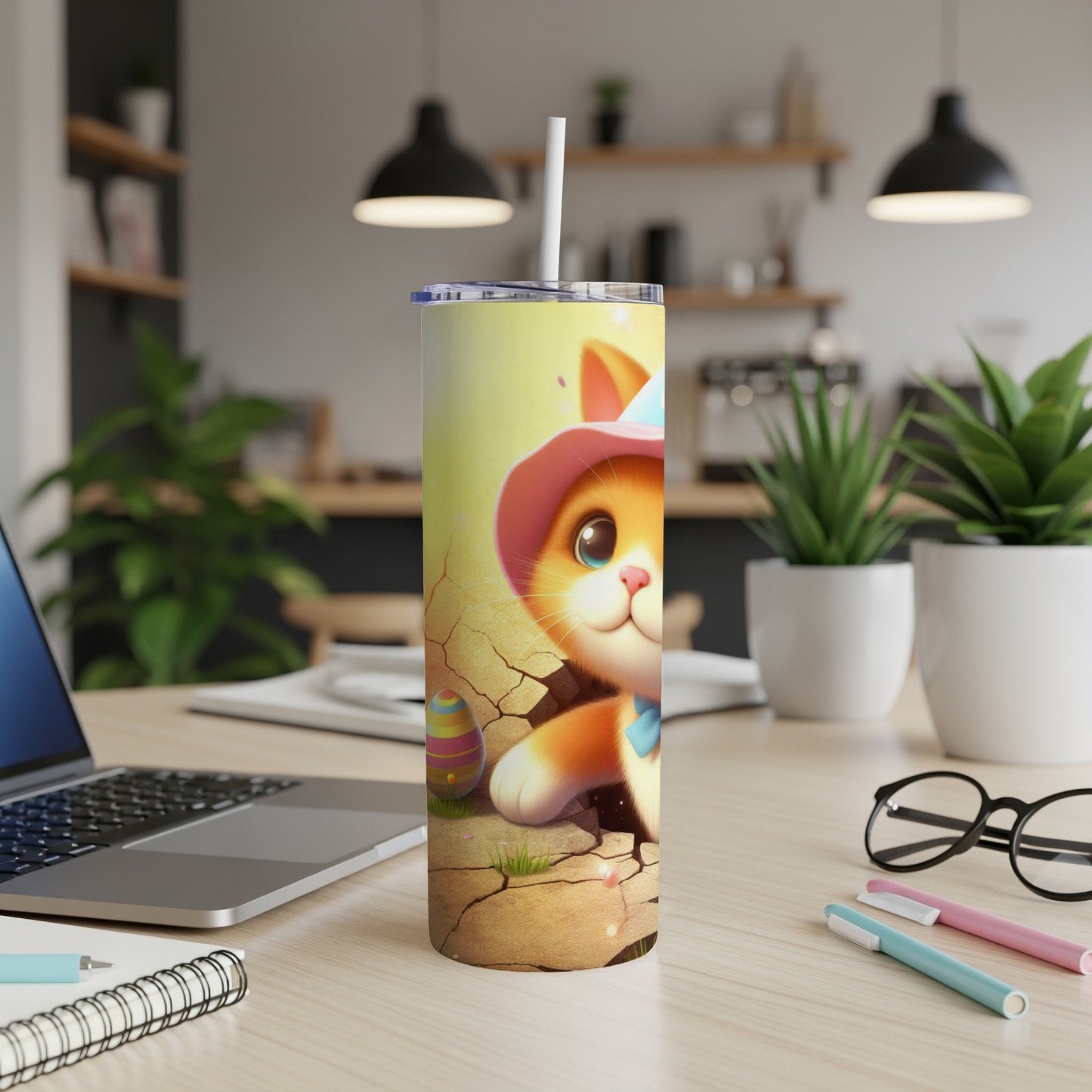 Cartoon cat with Easter egg and straw on a cracked ground tumbler.