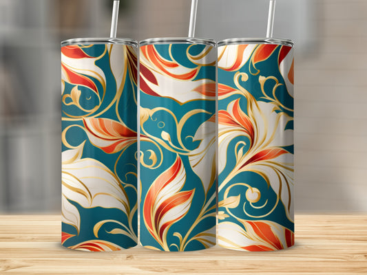 Three tumblers with a teal and gold floral pattern.