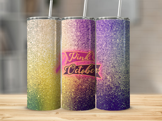 Three glitter-covered tumblers with "Pink October" ribbon design.