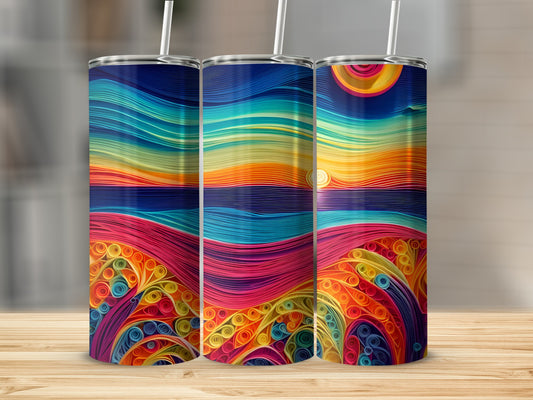 Three tumblers with a colorful, wavy sunset landscape design.