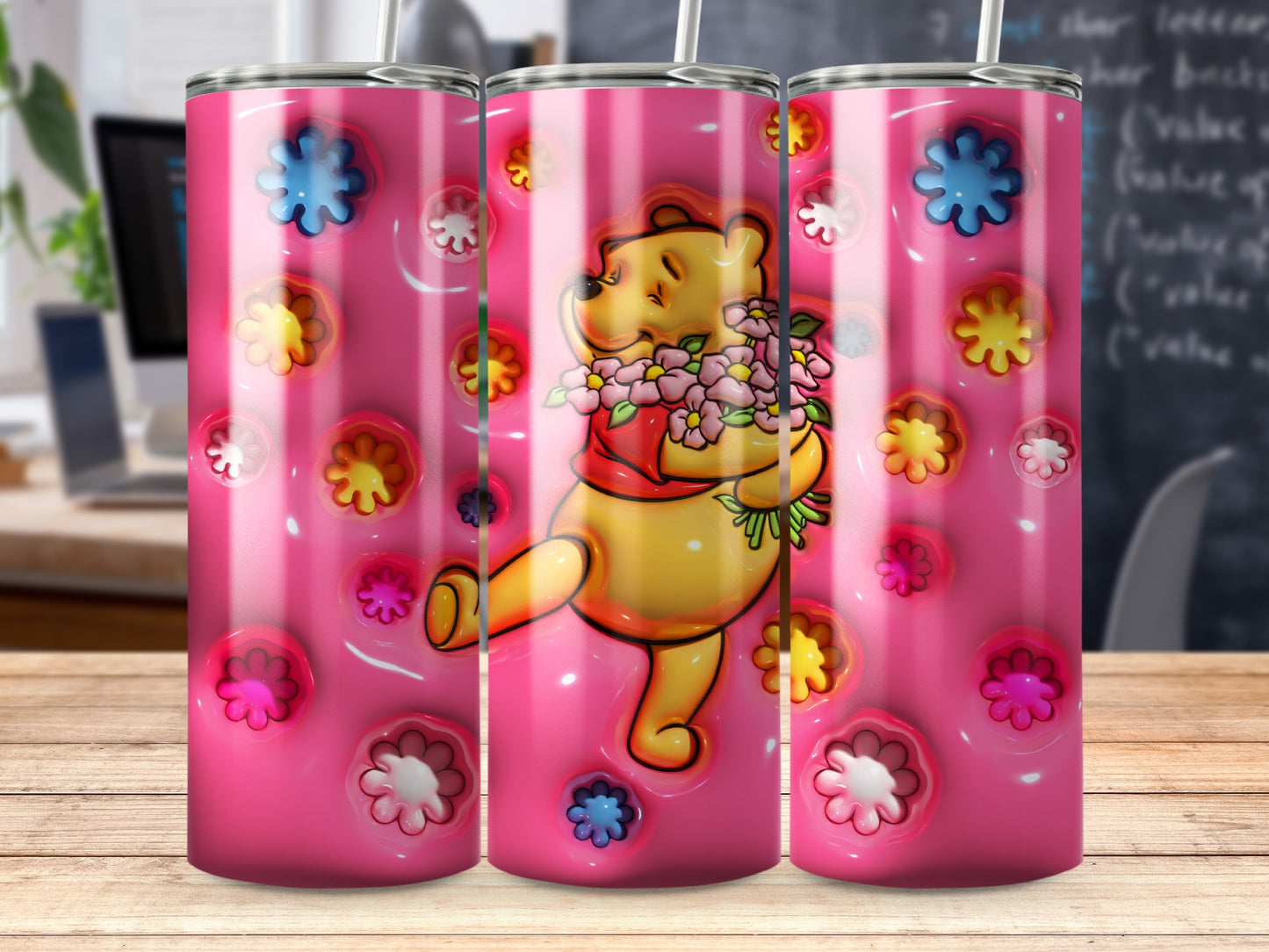 Pink Winnie the Pooh Floral Tumbler with Straw