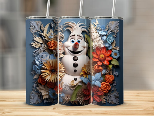 Frosty Snowman Surrounded by Colorful Flowers Tumbler