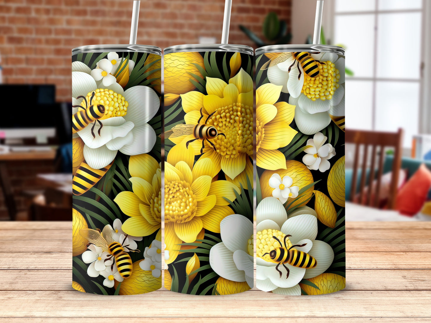 Vibrant Yellow Floral and Bees Insulated Tumbler