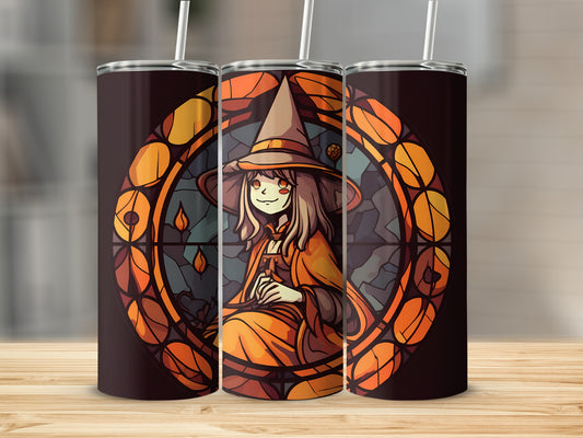 Witch in stained glass pattern on a dark tumbler.