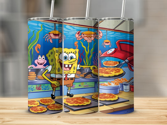SpongeBob SquarePants flipping Krabby Patties in a restaurant kitchen.