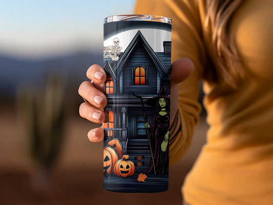 Spooky Haunted House with Witch and Pumpkins Tumbler