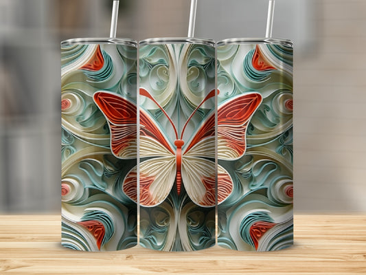 Three identical tumblers with a symmetrical butterfly design in red and white.