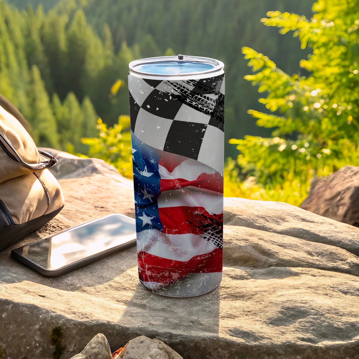American Flag and Checkered Racing Pattern Tumbler