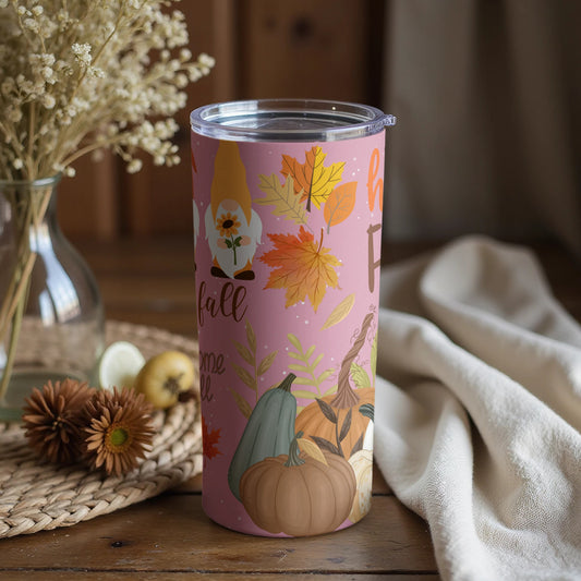 Autumn Harvest Gnome and Fall Leaves Tumbler Cup