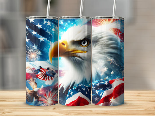 Eagle and American flag design on three tumblers with fireworks.