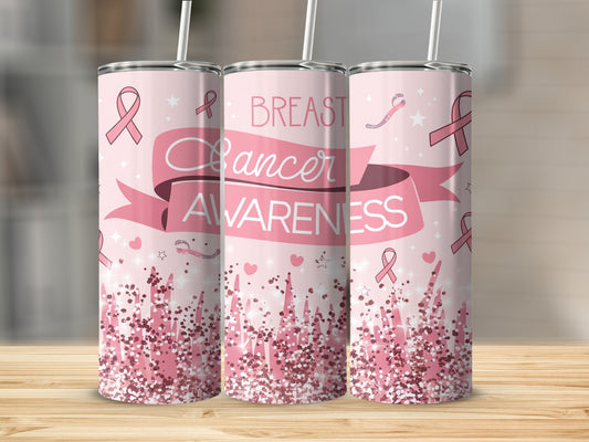 Pink breast cancer awareness tumbler with glitter and ribbons.
