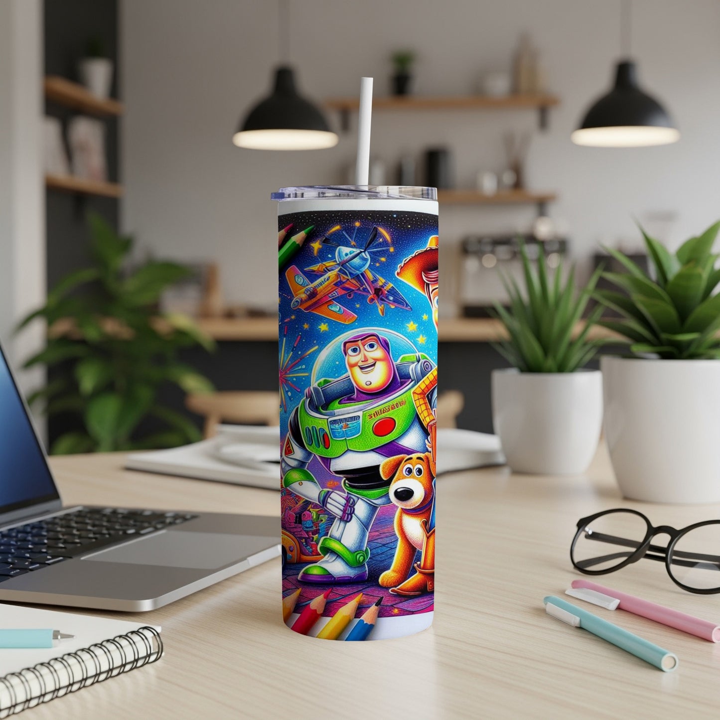 Buzz Lightyear and friends on a colorful tumbler with a straw.