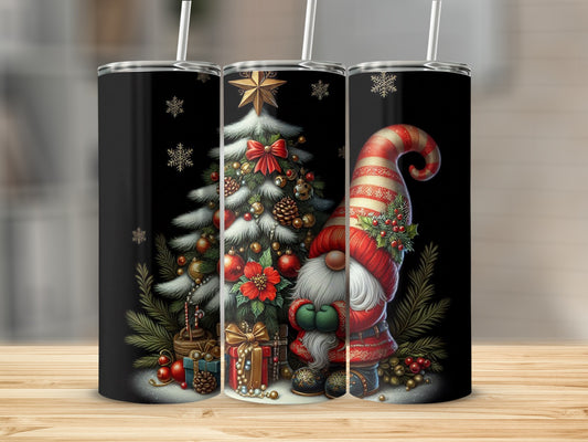 Three tumblers with festive Christmas gnome and tree designs.